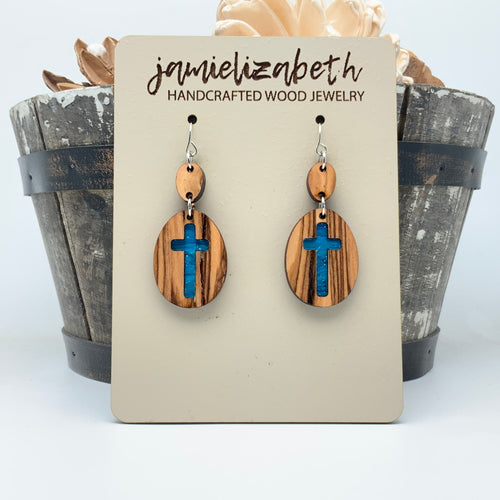 Rolling Stone - Angelic Blue Cross - Olivewood Earrings (Vault)