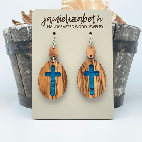 Rolling Stone - Angelic Blue Cross - Olivewood Earrings (Vault)