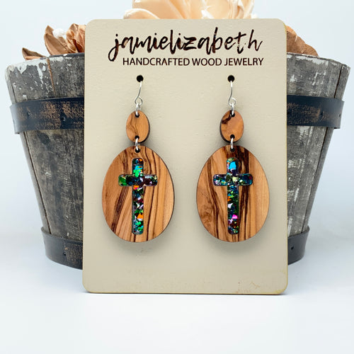 Rolling Stone - Confetti Glass Cross - Olivewood Earrings or Necklace