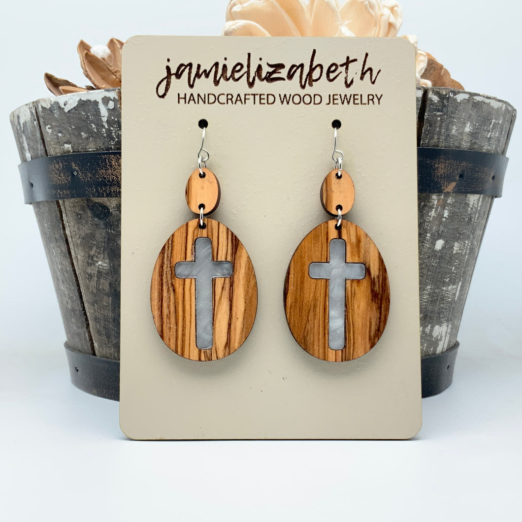 Rolling Stone - Pearl White Cross - Olivewood Earrings (Vault)