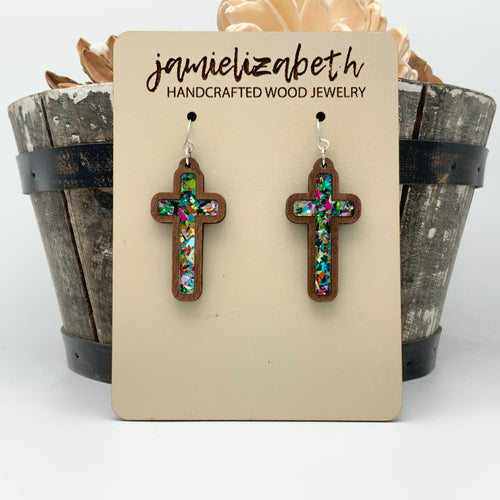 Confetti Glass - Tall Cross Earrings or Necklace