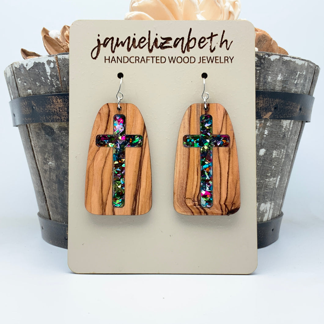 My Rock - Confetti Glass - Cross Earrings or Necklace